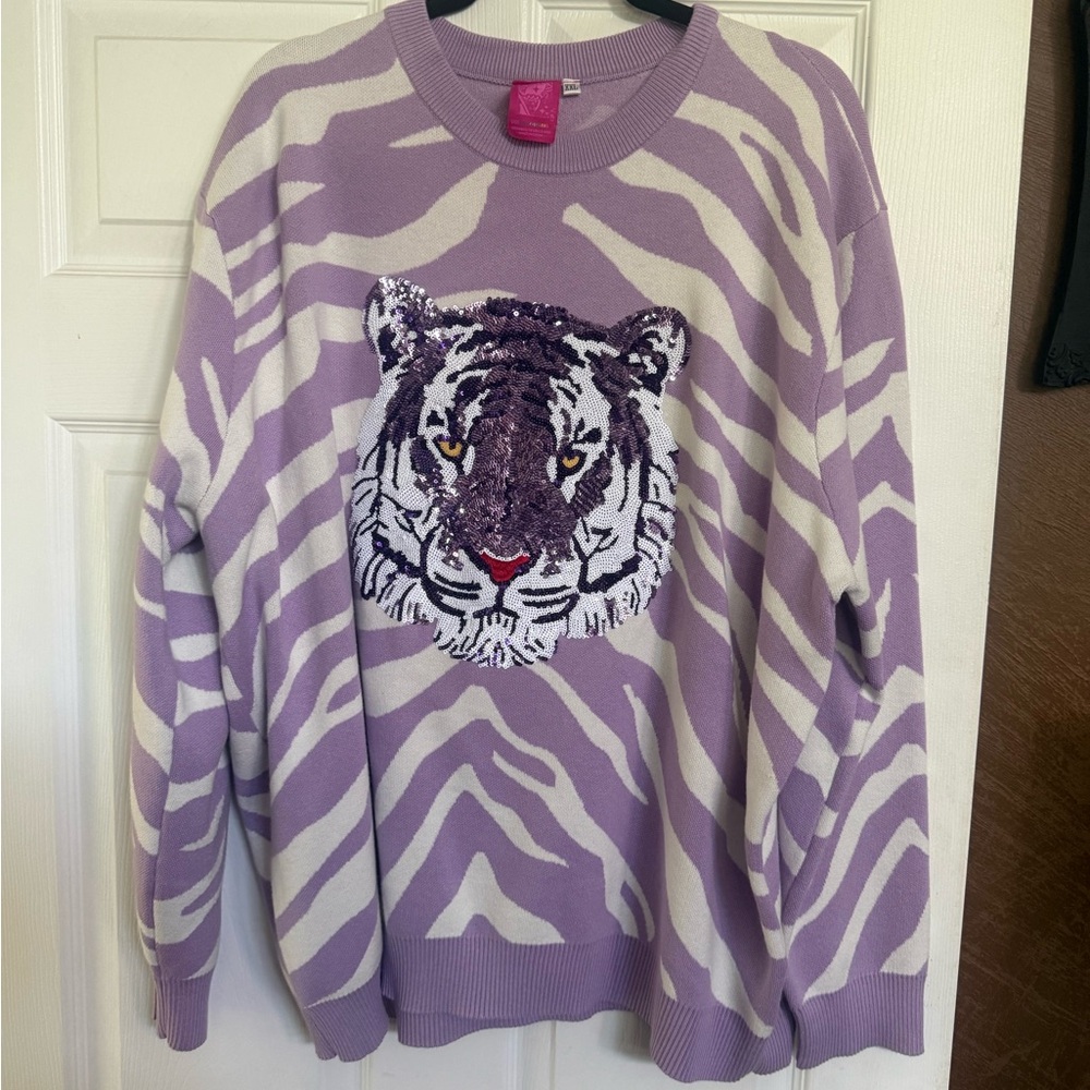 QUEEN OF SPARKLES Lavender and White Zebra Crewneck with Sequin Tiger